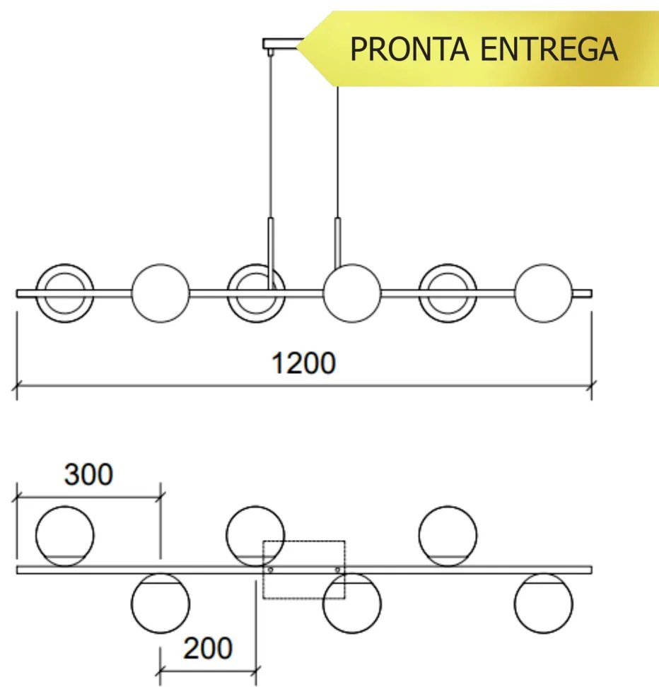 Pendente Botton Long Retângular 26X12X120Cm Alumínio E Globo Ø12Cm Fos... (DOURADO BRILHO, FOSCO)