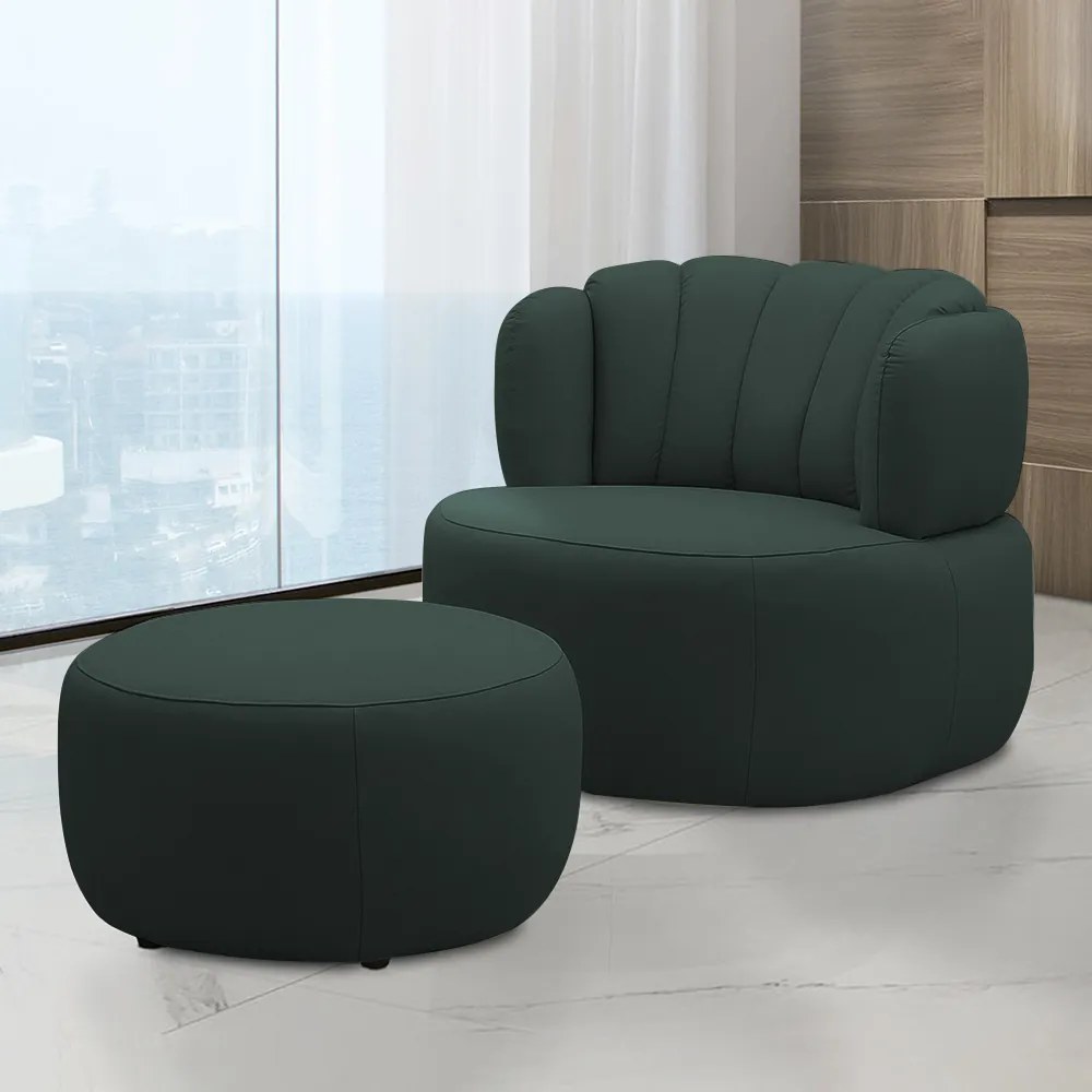 Conjunto Sala de estar Decorativo Mariele Poltrona Base Giratória em Aço com Puff Couro Verde Musgo G88 - Gran Belo