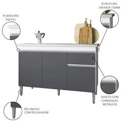 Balcão Gabinete Com Pia Inox 120cm 3 Portas e 1 Gaveta Tatiane Branco/