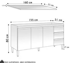 Balcão de Cozinha Com Tampo 160cm 3 Gavetas Andréia Amêndoa/Preto - AJ