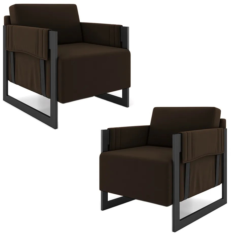 Kit 2 Poltronas Decorativa Sala de Estar Moria Base em Ferro Veludo Preto/Marrom G33 - Gran Belo