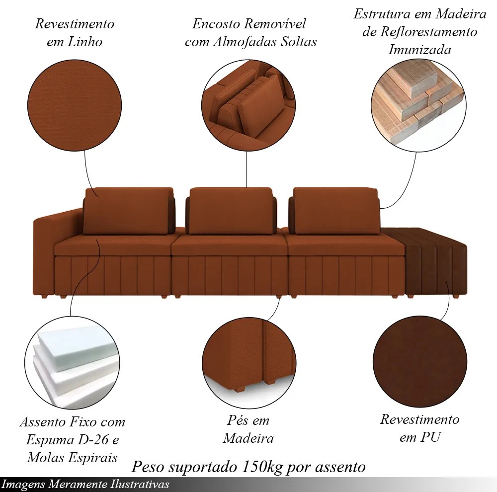 Sofá Ilha com Encosto e Almofadas Móveis Olimpo 335cm Modulado Linho/PU Terracota/Marrom G45 - Gran Belo