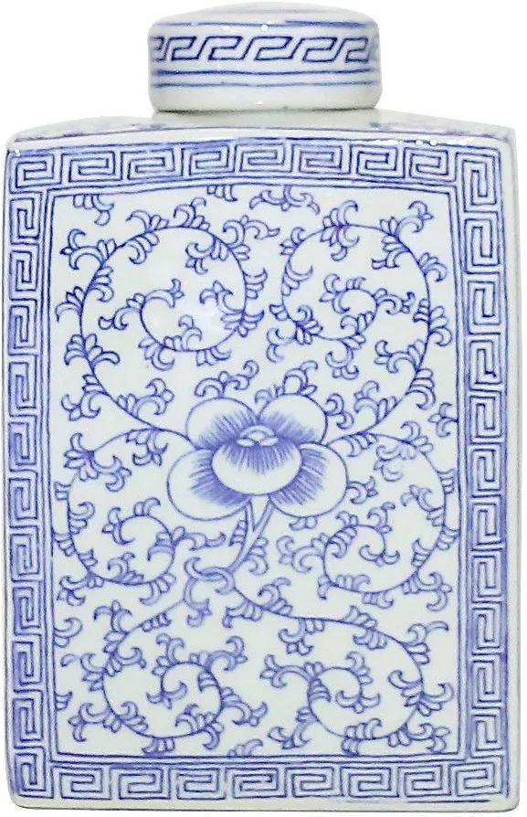 Potiche em Porcelana Quadrado Floral Azul e Branco