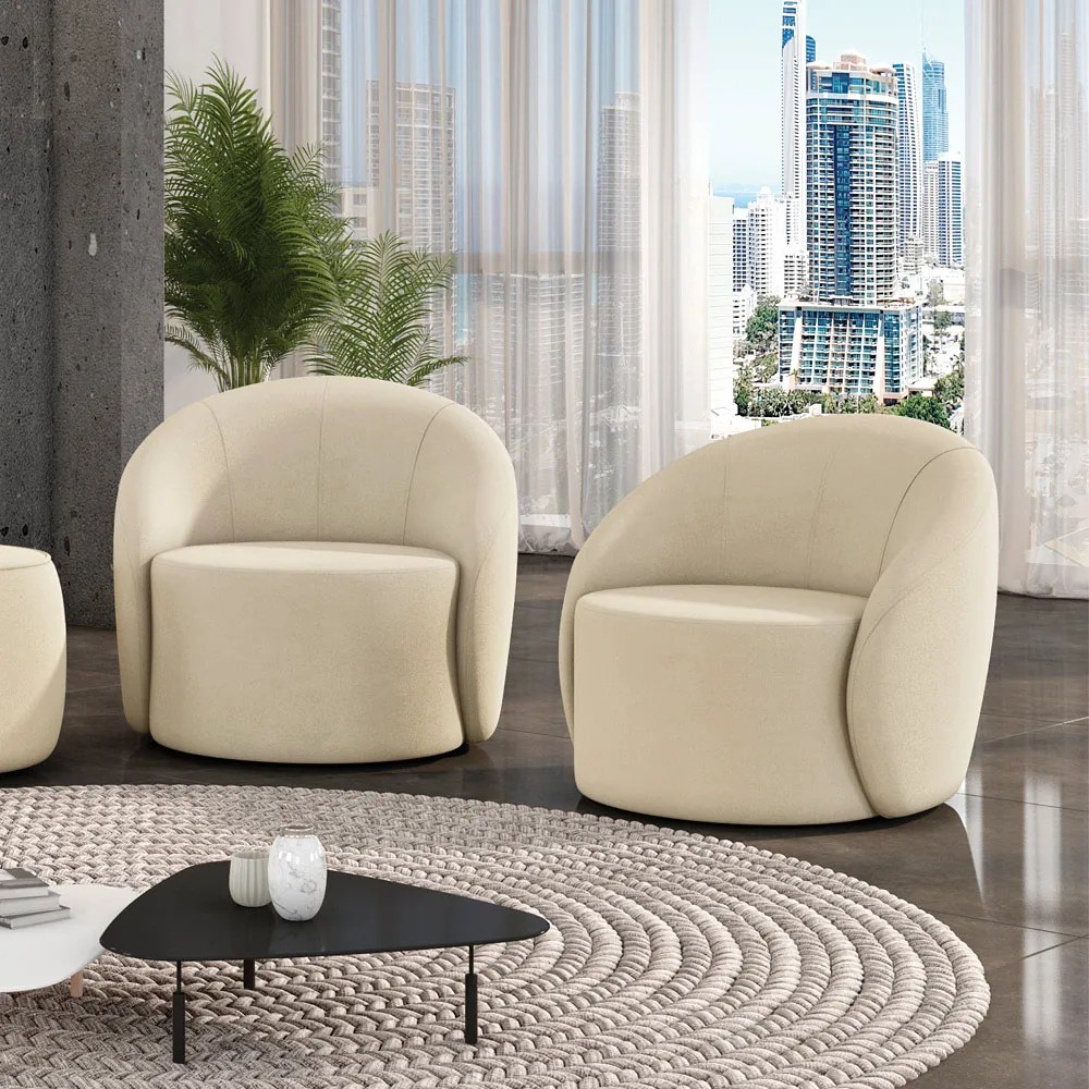 Poltrona Decorativa Orgânica Giratória Kit 2 Lua Suede D03 - D'Rossi - Bege