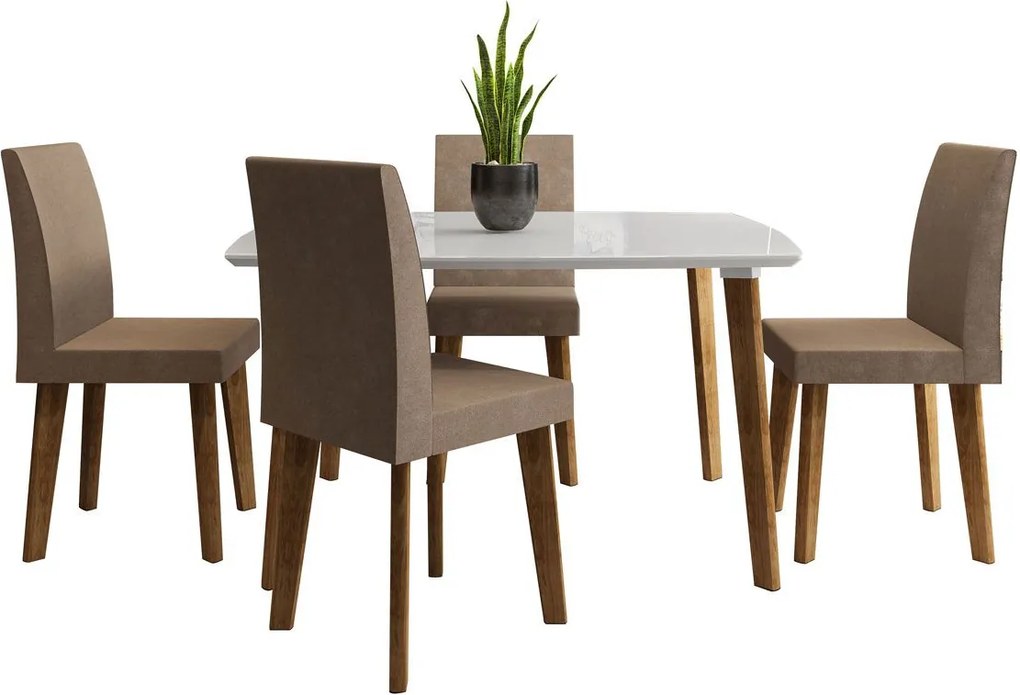 Mesa de Jantar com 4 Cadeiras Jade Pés Oblongo Branco Clean com Pena Caramelo - RV Móveis