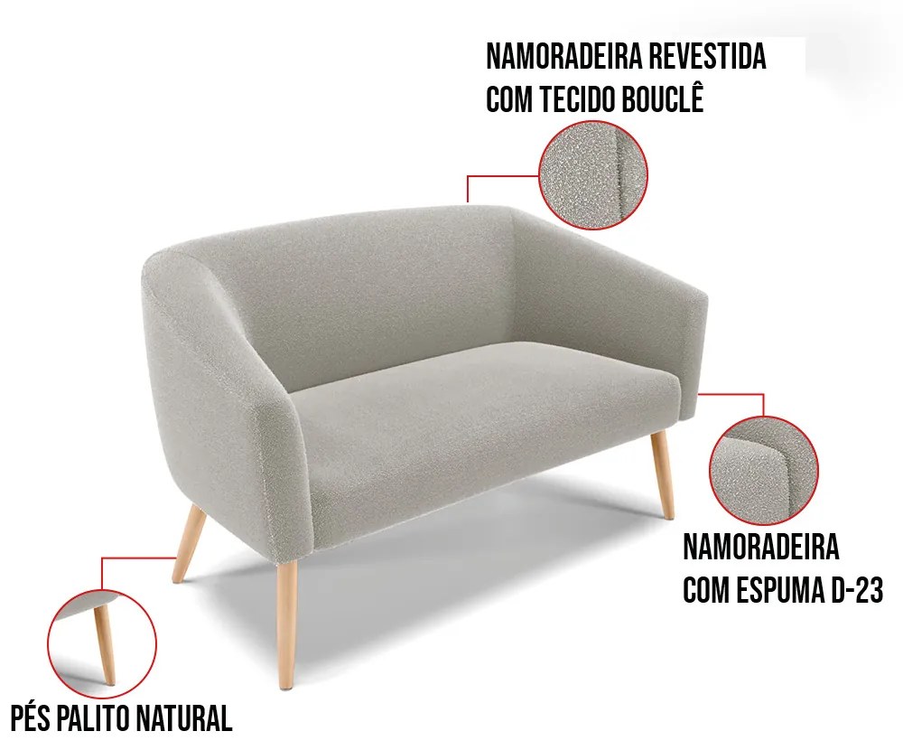 Sofá 2 Lugares Namoradeira Pé Palito Natural Stella Bouclê D03 - D'Rossi - Cinza