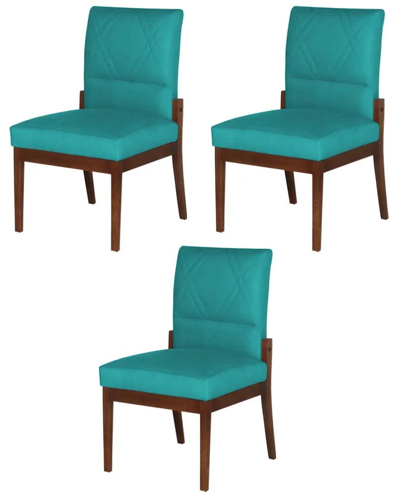 Conjunto 3 Cadeiras De Jantar Aurora Base Madeira Maciça Estofada Suede Azul Tiffany