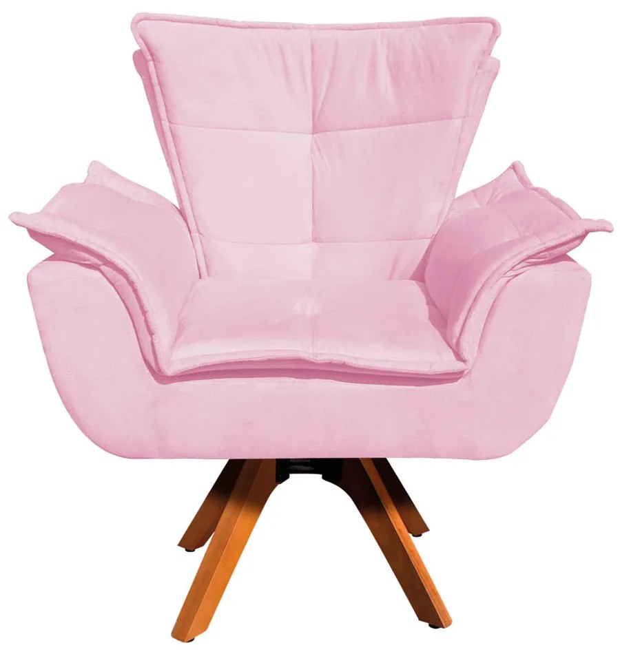 Poltrona Giratória Opala Suede Rosa Bebê Base Madeira MM30 D'Rossi