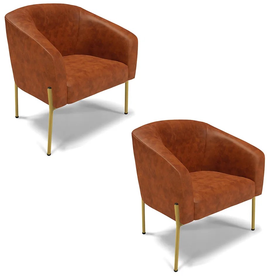 Poltrona Decorativa Pé de Ferro Dourado Kit 2 Stella Sintético PU Nozes D03 - D'Rossi