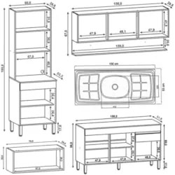 Armário de Cozinha 5 peças Balcão com Pia 150cm Lina20 Z06 Gris/Freijó