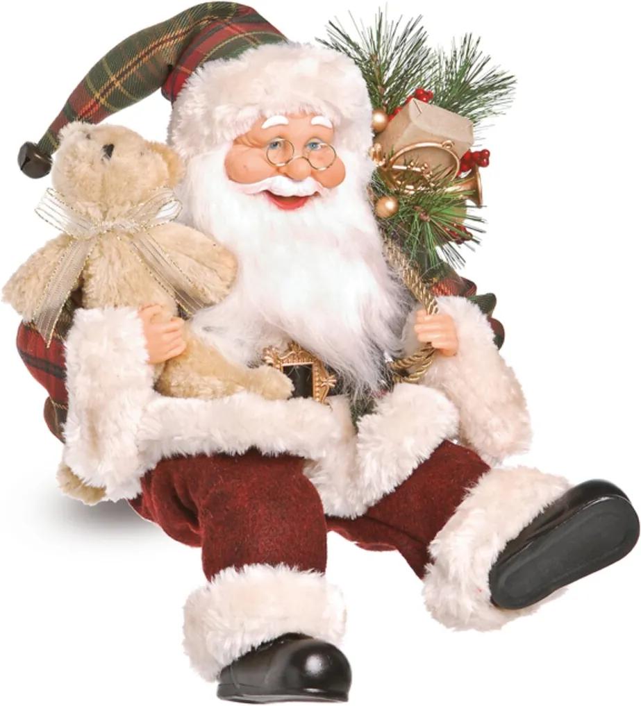 Boneco de Papai Noel Xadrez Sentado com Presente e Urso 40cm