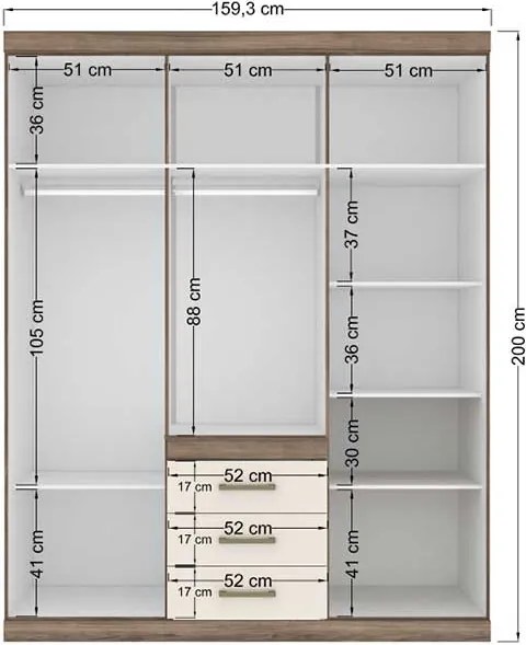 Guarda Roupas Havana Star Santos Andirá 6 Portas Espelho 3 Gavetas 159cm Castanha Off White