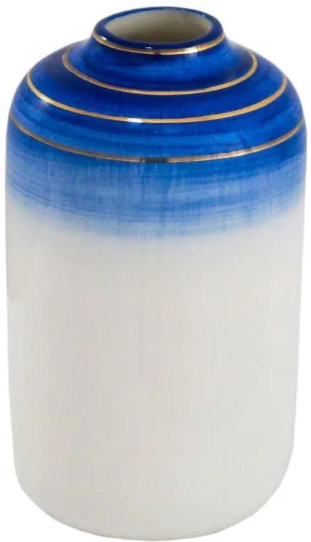 Vaso Decorativo Branco com Detalhes em Azul e Dourado - 20x12x12cm
