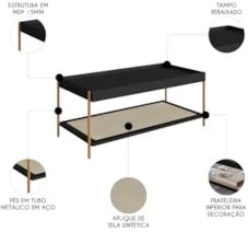 Mesa de Centro Para Sala Pé Metal Arlo A10 Nero/Dourado - Mpozenato