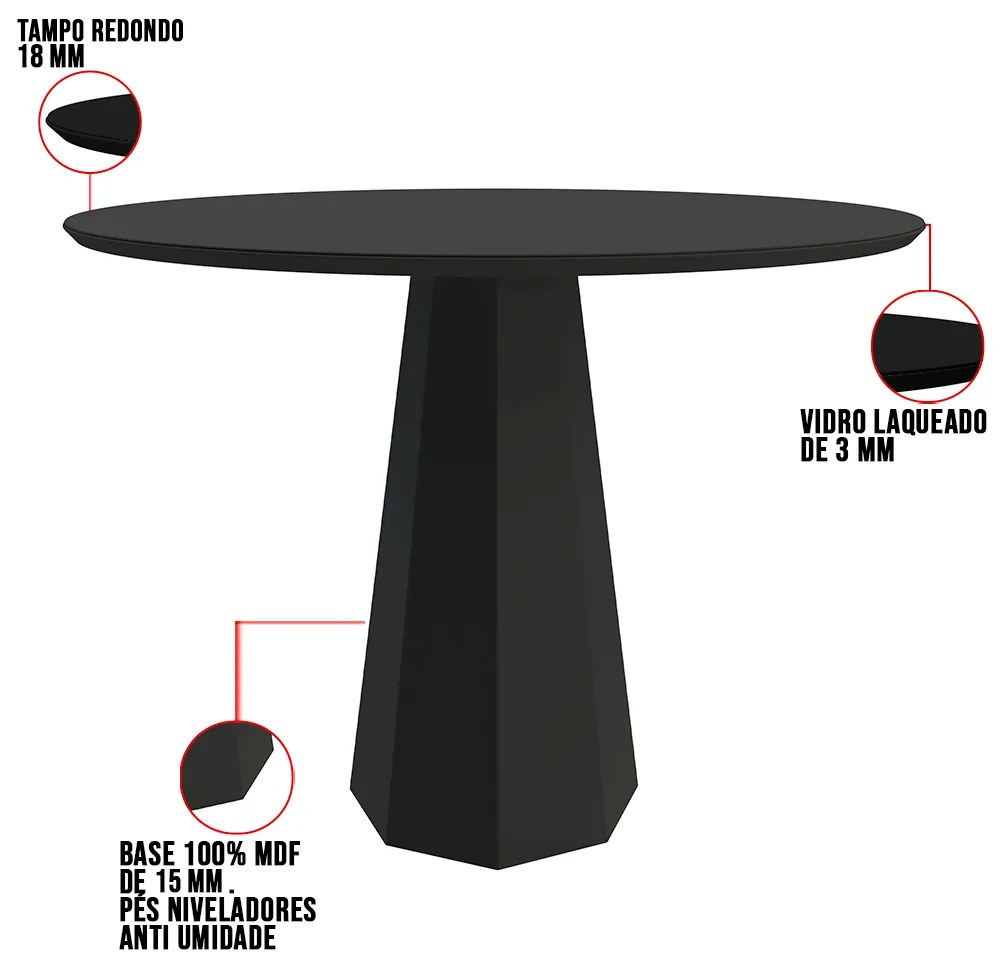 Mesa de Jantar Redonda Tampo com Vidro Agnes 135 cm Preto - D'Rossi