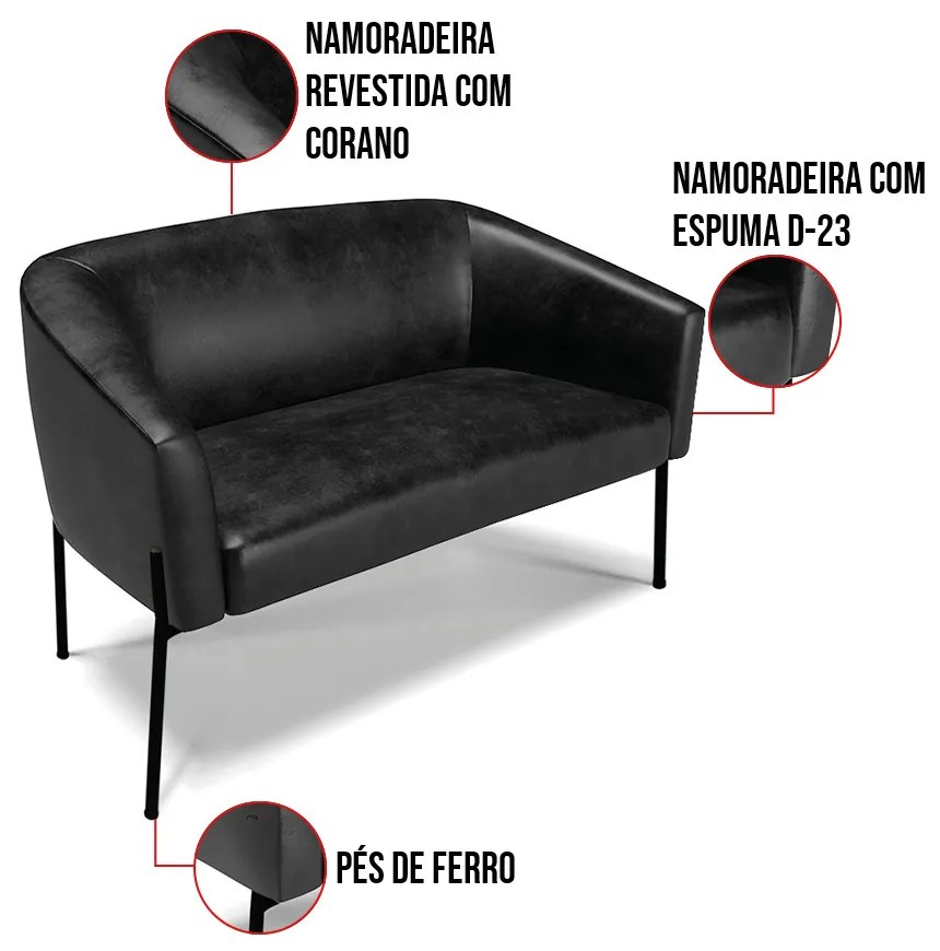 Sofá 2 Lugares Namoradeira Pé de Ferro Preto Stella Sintético PU D03 - D'Rossi - Preto