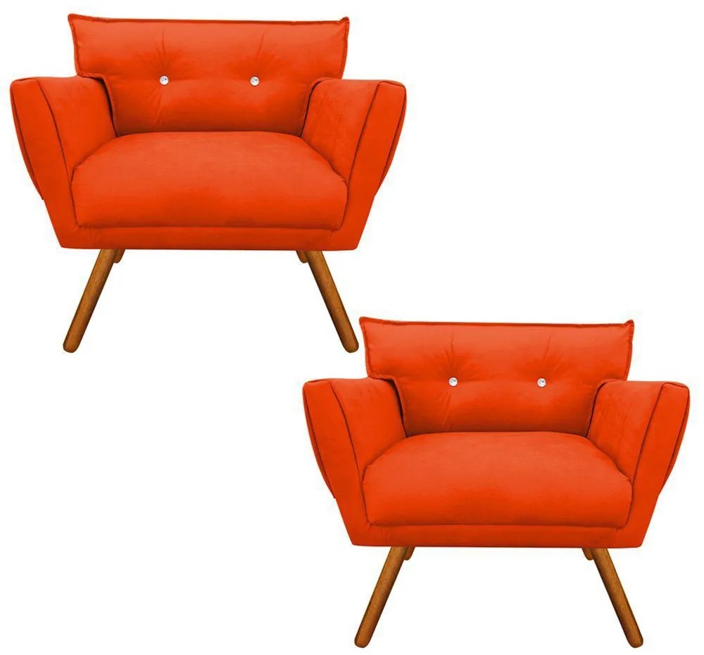 Kit 02 Poltronas Anitta Suede Laranja com Strass Pés Palito Castanho D'Rossi