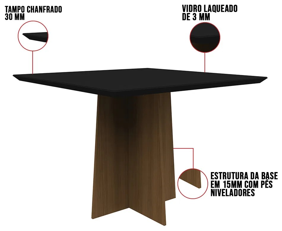 Mesa de Jantar Quadrada Tampo com Vidro Tina 100 cm Preto Base Imbuia - D'Rossi