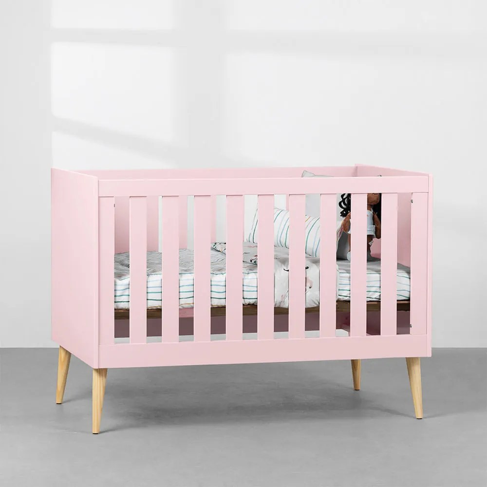 Berço Mini Cama Noah com Pés Retrô Natural - Rosa
