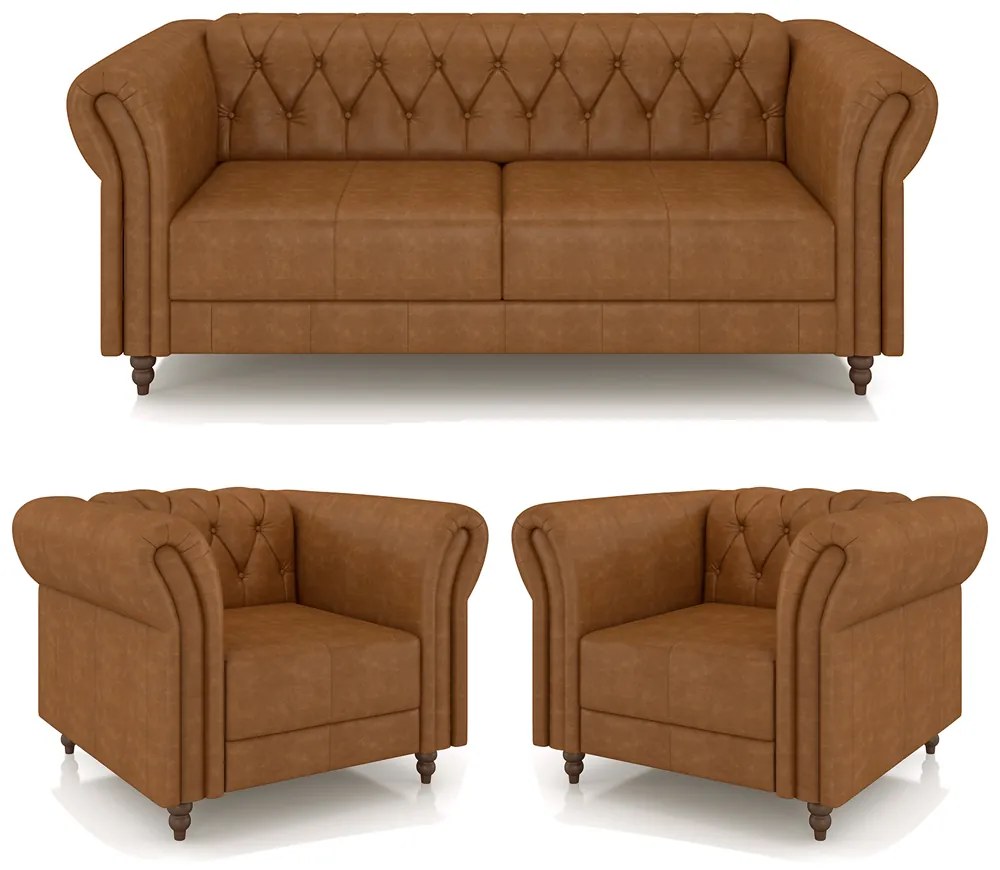 Conjunto Sala de Estar 1 Sofá Living 200cm e 2 Poltronas Stanford Chesterfield Pés Madeira Couro Mel Manchado G58 - Gran Belo