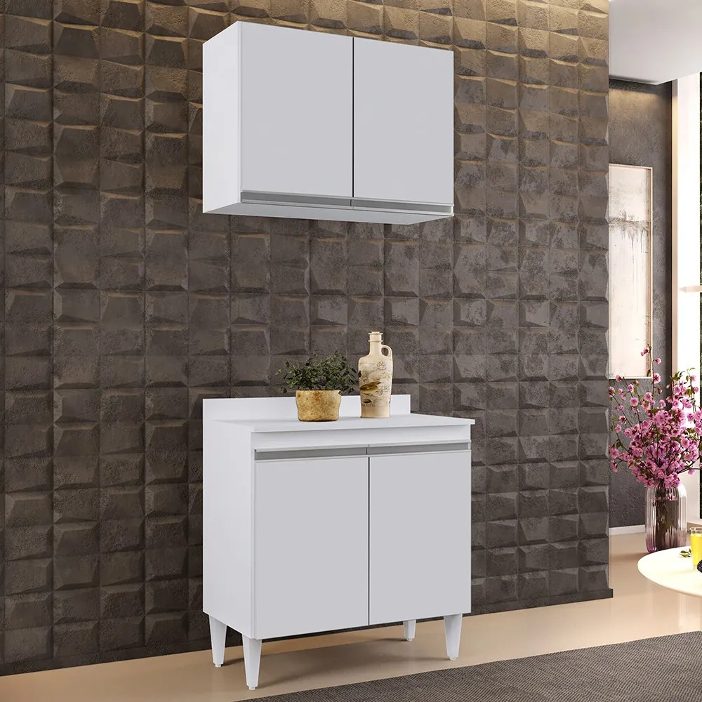 Kit Armário Aéreo e Balcão de Cozinha Lavanderia com Tampo 02 Portas Loren 80 cm - D'Rossi - Branco