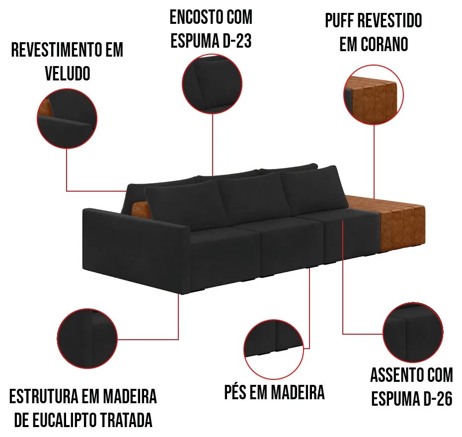 Sofá Ilha 3 Lugares Living 372cm Modulado para Sala Lary Veludo K01 - D'Rossi - Preto