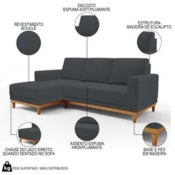 Sofá Living 200cm 3 Lugares Com Chaise Direito Kayrós D05 Bouclê Grafi