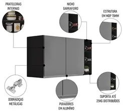 Armário de Cozinha Aéreo Califórnia 80cm e Nicho Garrafeiro 20cm Riad