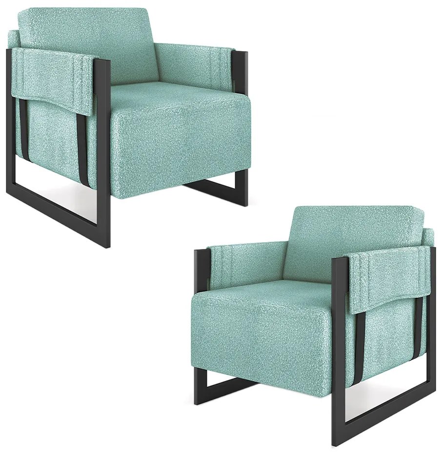 Kit 2 Poltronas Decorativa Sala de Estar Moria Base em Ferro Bouclê Preto/Azul G33 - Gran Belo