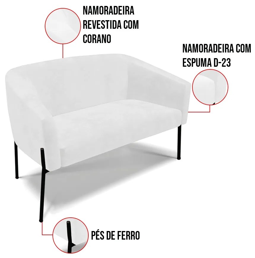 Sofá 2 Lugares Namoradeira Pé de Ferro Preto Stella Sintético PU D03 - D'Rossi - Branco