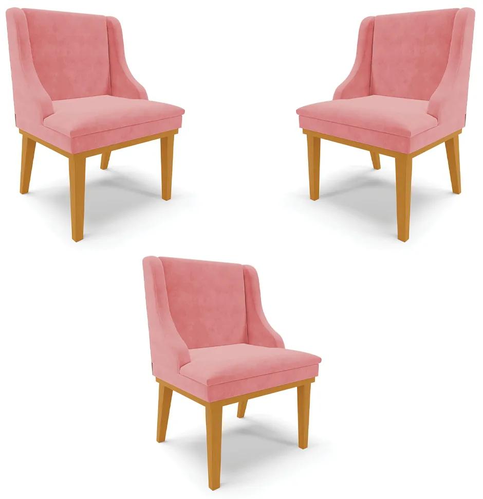 Kit 3 Cadeiras Decorativas Sala de Jantar Base Fixa de Madeira Firenze Suede Rose/Castanho G19 - Gran Belo