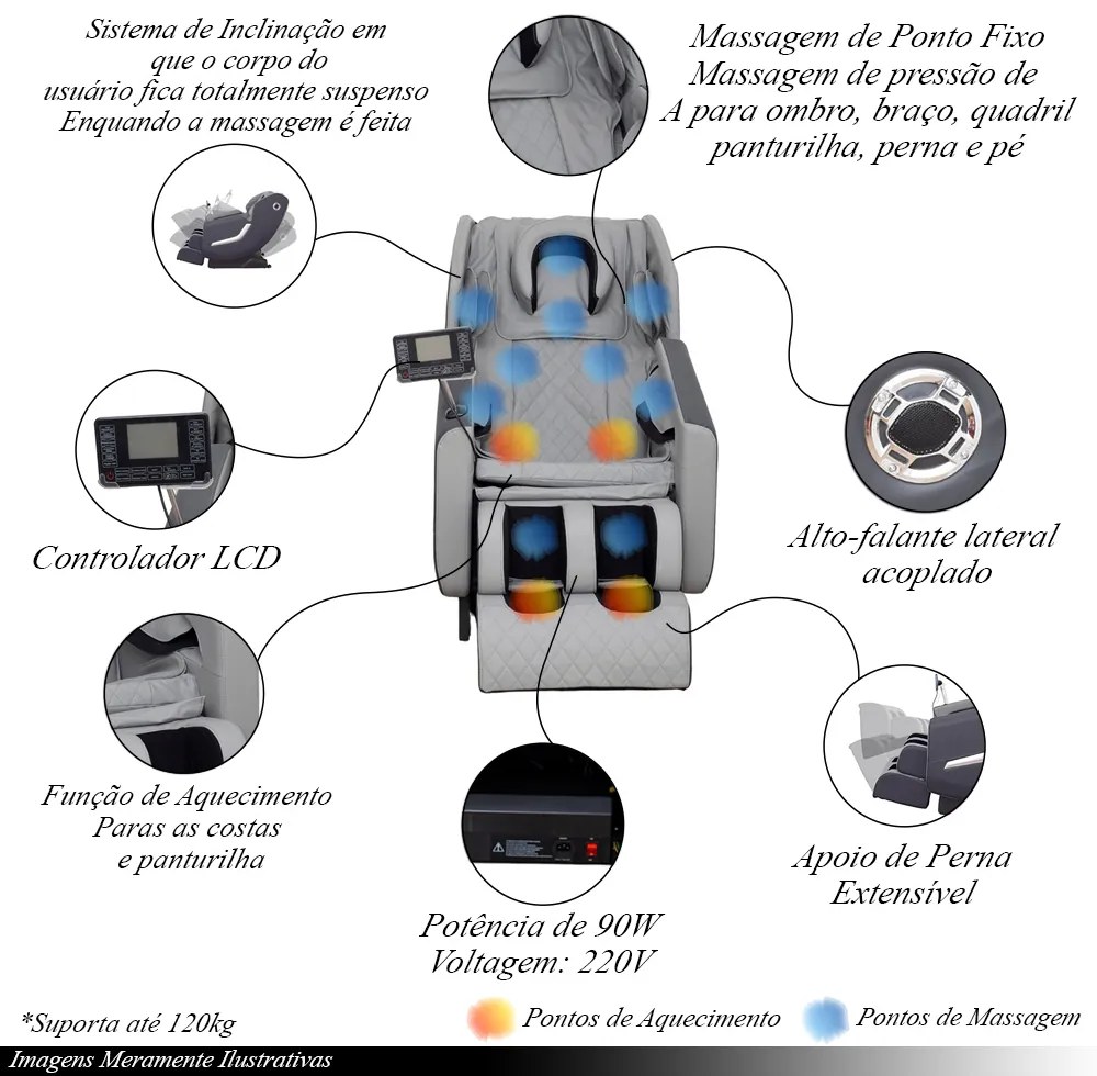 Poltrona Massagem 3D Brian Aquecimento Reclinação Gravidade Zero Controle LCD Bluetooth 220V Cinza G31 - Gran Belo