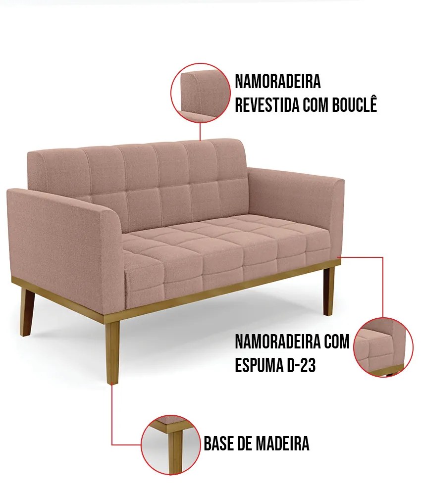 Namoradeira 2 Poltronas Base Madeira Fixa Cast Elisa Bouclê Rosê D03 - D'Rossi