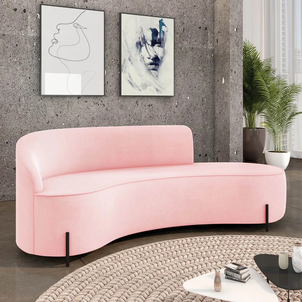 Sofá 4 Lugares Orgânico 220cm Pé Ferro Preto Morgan Suede D03 - D'Rossi - Rosa Bebê