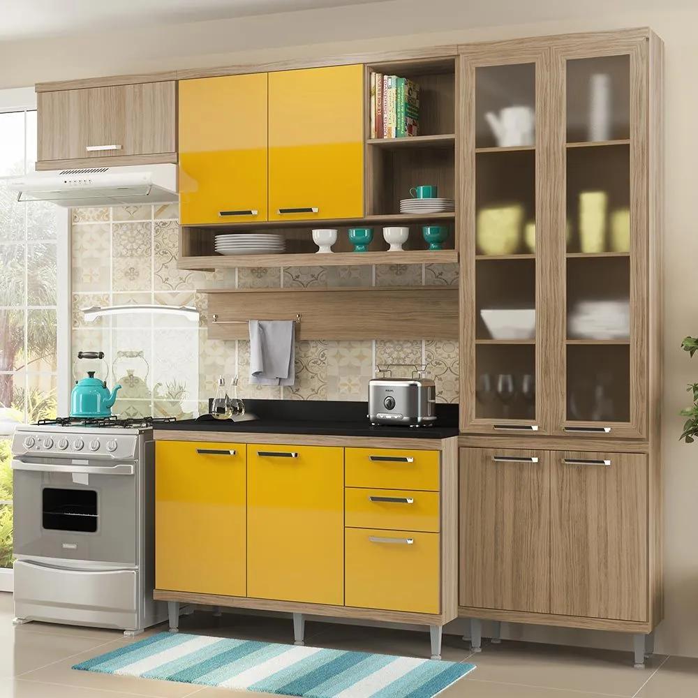 Cozinha Compacta 9 Portas Com Tampo e Vidro 5817 Amarelo/Argila - Multimóveis