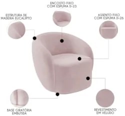 Poltrona para Sala de Estar Giratória Orgânica Garbin Z08 Veludo Rosê