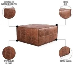 Puff Quadrado Decorativo Sala de Estar Living Lira L07 Couro Camel - M