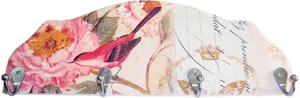 Cabideiro Pássaro Vermelho em Madeira - 4 Ganchos - 40x15 cm