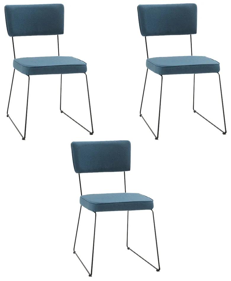 Kit 3 Cadeiras de Jantar Decorativa Base Aço Preto Luigi Linho Azul Jeans G17 - Gran Belo
