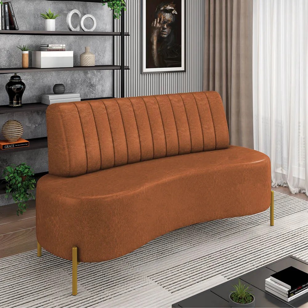 Sofá 2 Lugares Living 160cm Pé Ferro Dourado Maraú Sint PU Nozes K01 - D'Rossi