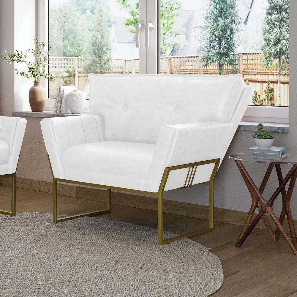 Poltrona Sala Industrial Dourado Kit 2 Anitta Sintético PU D03 - D'Rossi - Branco