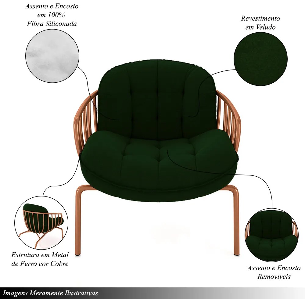 Poltrona Sala de Estar Base em Ferro Crokett Veludo Cobre/Verde G33 - Gran Belo