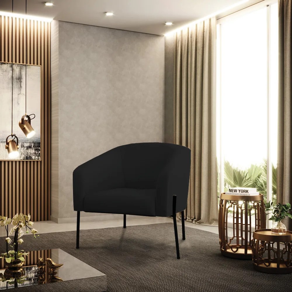Poltrona Decorativa Pé de Ferro Preto Kit 2 Stella Linho Preto D03 - D'Rossi