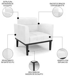 Sofá Namoradeira e 1 Poltrona Base Madeira Preto Ana Sintético PU Bran