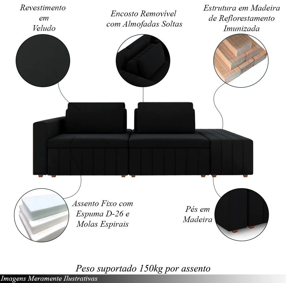 Sofá Ilha com Encosto e Almofadas Móveis Olimpo 285cm Modulado Veludo Preto G45 - Gran Belo