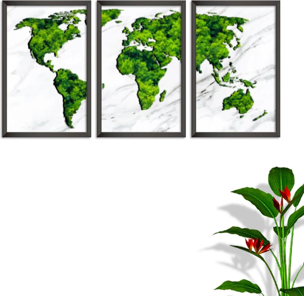 Quadro Oppen House  60x120cm Mapa Mundi Verde Folhas Moldura Sem Vidro Fundo Branco Altas Países Decorativo Interiores