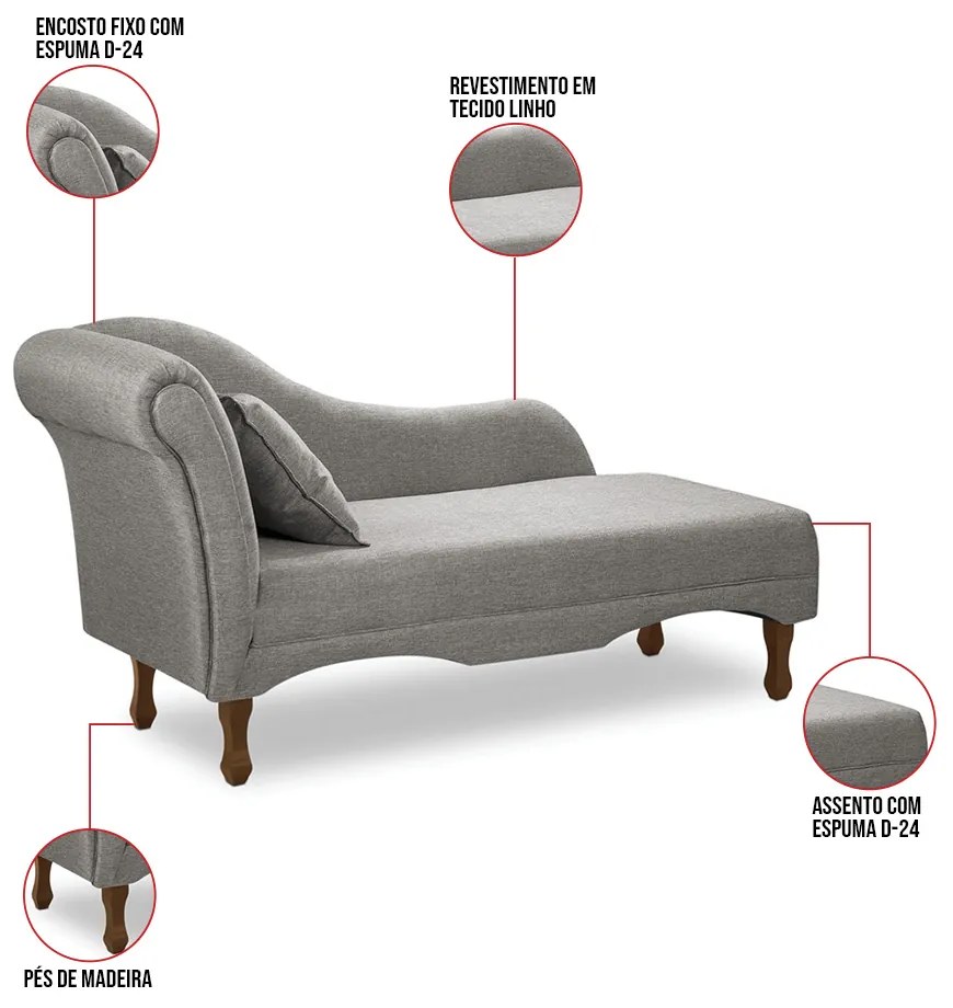 Divã Recamier Pés Retrô Medelin 150cm Linho Cinza E03 - D'Rossi