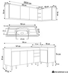 Armário de Cozinha Modulado de Canto Esquerdo 4 Peças CP51 com Pia Ino