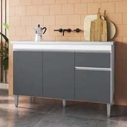 Balcão Gabinete Com Pia Inox 120cm 3 Portas e 1 Gaveta Tatiane Branco/