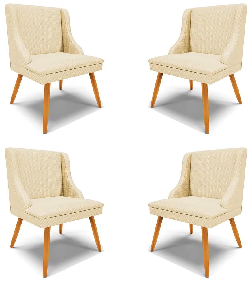 Kit 4 Cadeiras Decorativas Sala de Jantar Pés Palito de Madeira Firenze Veludo Luxo OffWhite/Natural G19 - Gran Belo
